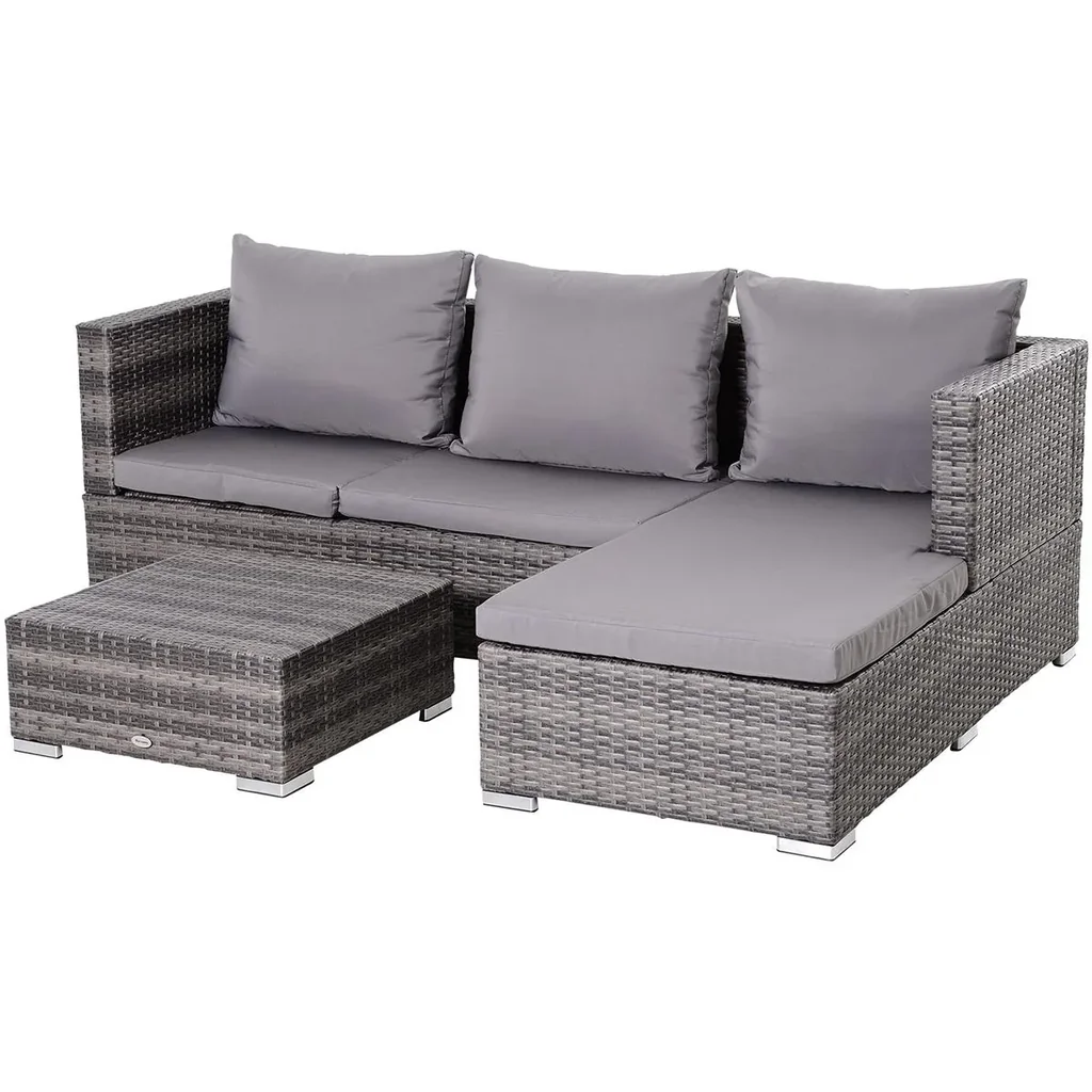 Dreiteiliges Gartenmöbel Set, Sofa, Beistelltisch mit Stauraum, 5-Stufig Rückenlehne, PE-Rattan, Grau, (Sofa) 130 x 64 x