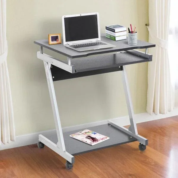 Schreibtisch Computertisch Bürotisch Rollbar mit Tastaturauszug Spanplatte, Stahl Schwarz