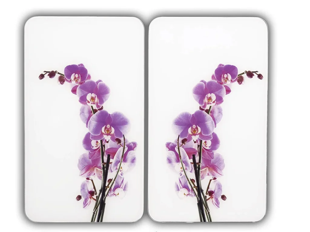 3 in 1 Herd-Abdeckplatten, Schneidbretter, Arbeitsplatten, Glas, Orchideen-Design, je 52 x 30 cm, 2er-Set