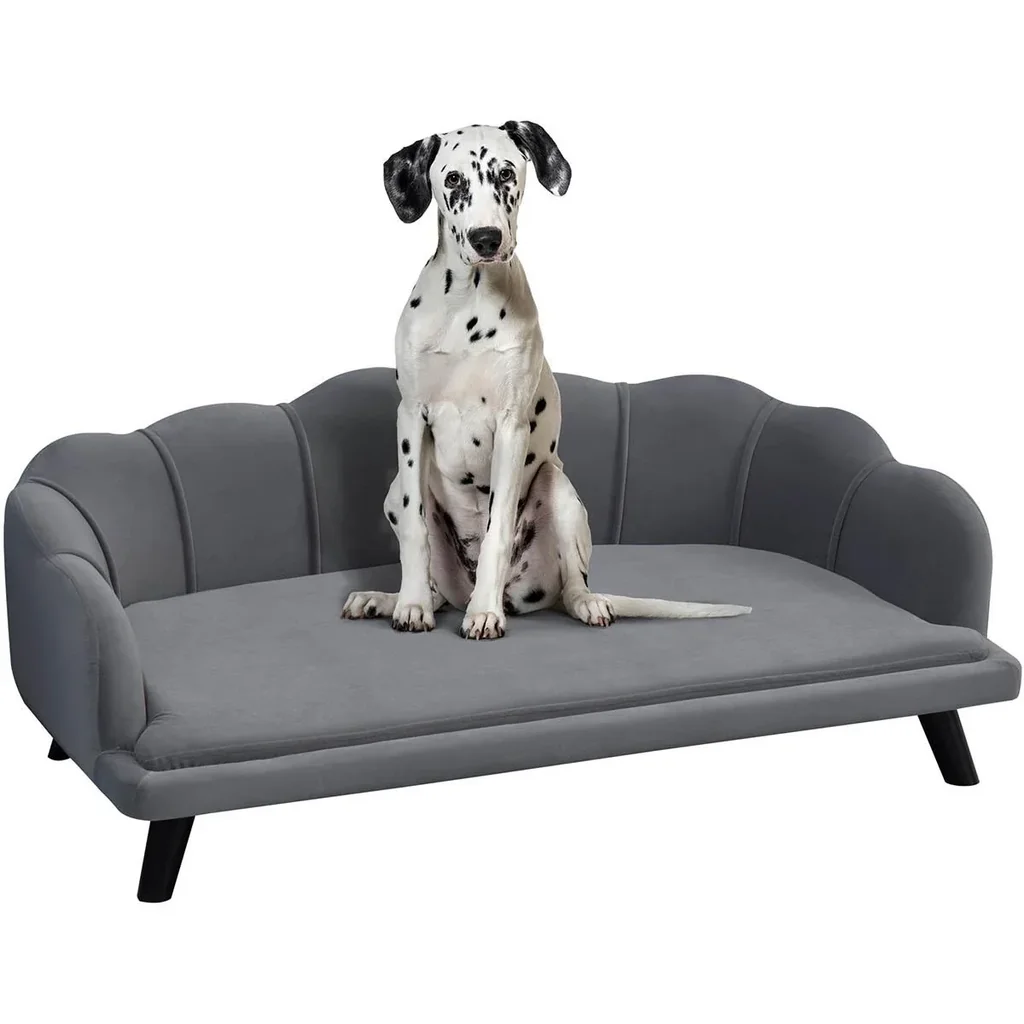 Hundesofa mit Rückenlehne Haustiersofa mit Holzbeinen Hundebett Weichem Bezug, Katzensofa Dunkelgrau 98,5x60,5x35,5 cm