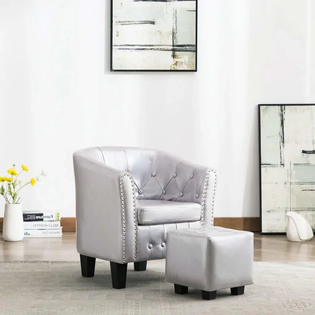 Schalensitz mit Fußhocker Kunstleder glänzend silber
