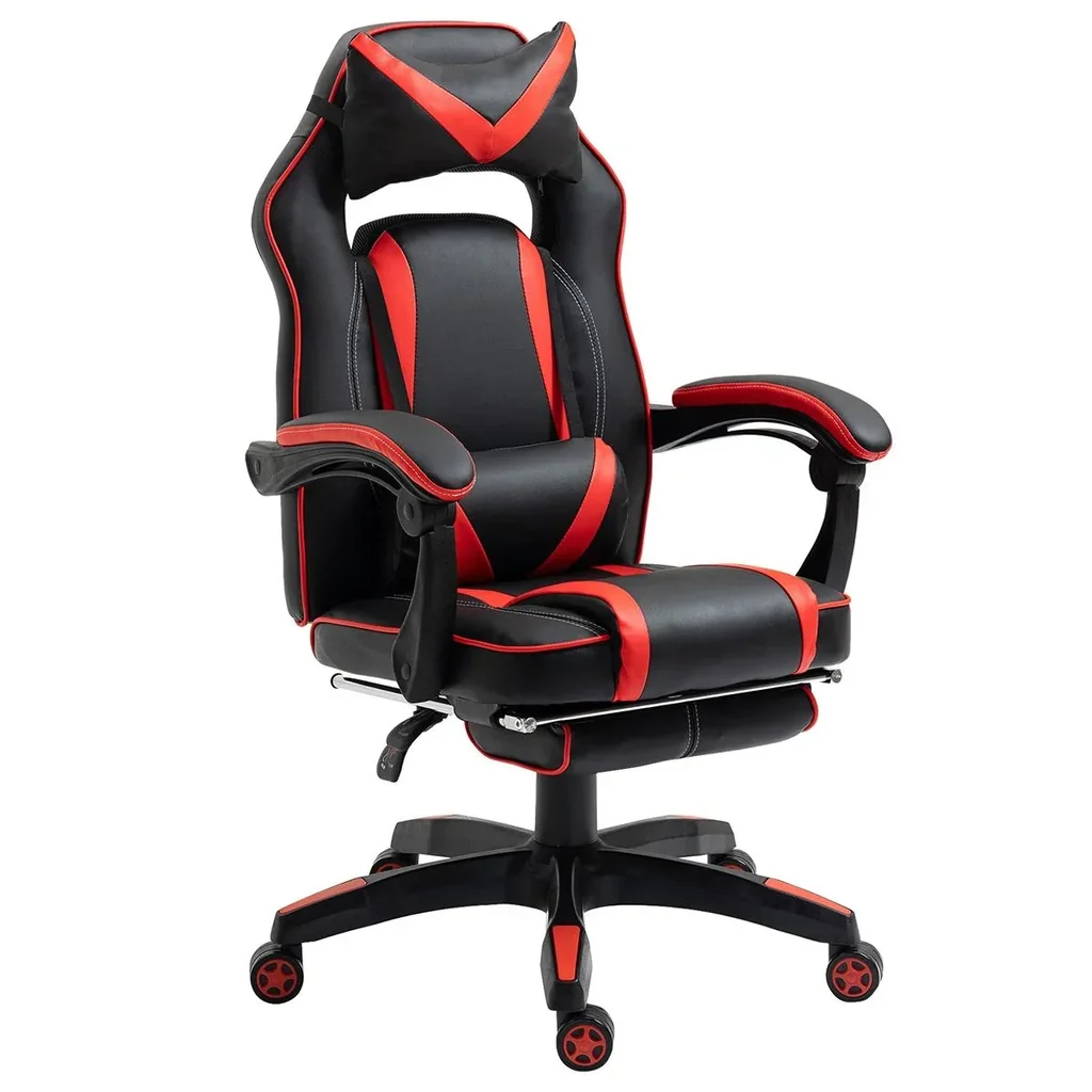 Gaming-Stuhl Bürostuhl Drehstuhl Chefsessel mit Fußstütze Rückenlehne Kissen verstellbar Kunstleder Rot+Schwarz 65x64x11