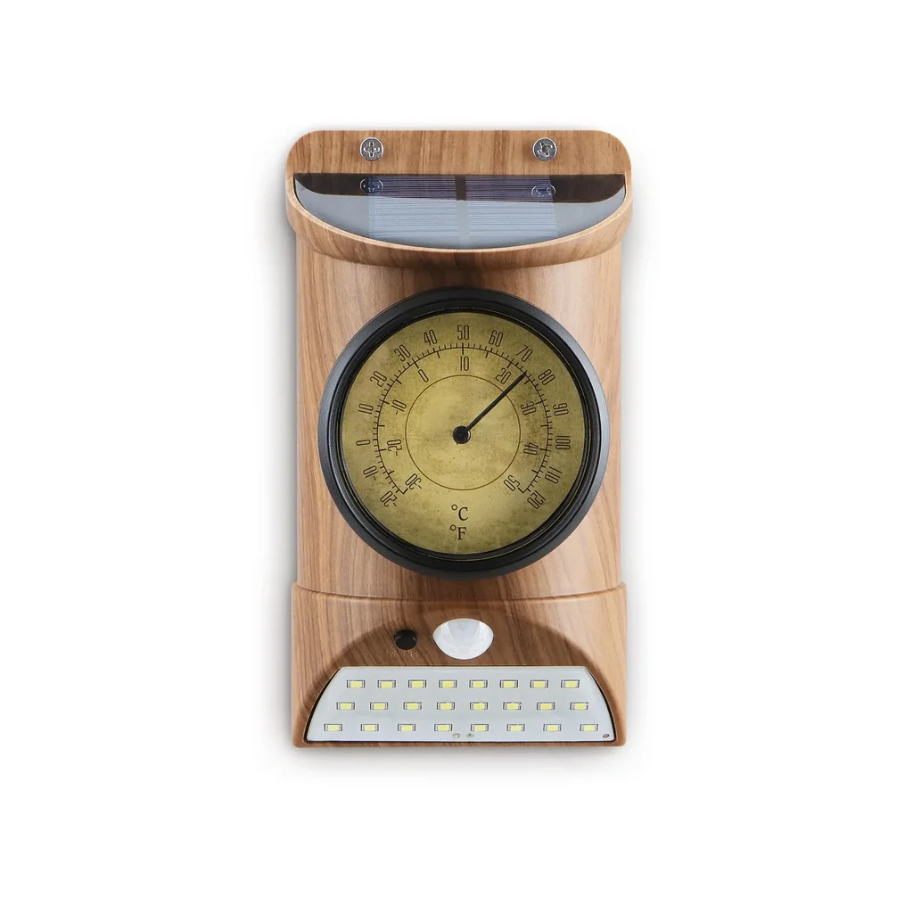 Solar Leuchte mit Thermometer und Bewegungsmelder in Holzoptik