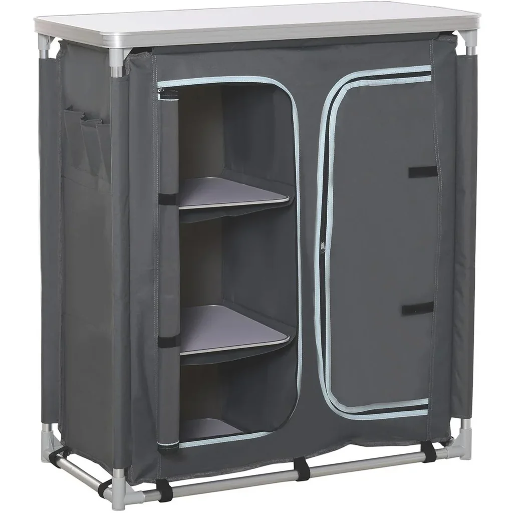 2in1Campingtisch mit Arbeitsplatte und Fächern grau