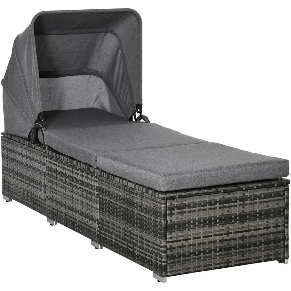 Sonnenliege aus Polyrattan mit Sonnendach Gartenliege verstellbar Rattanliege Gartenmöbel Liege mit Kissen Grau 195 x 65