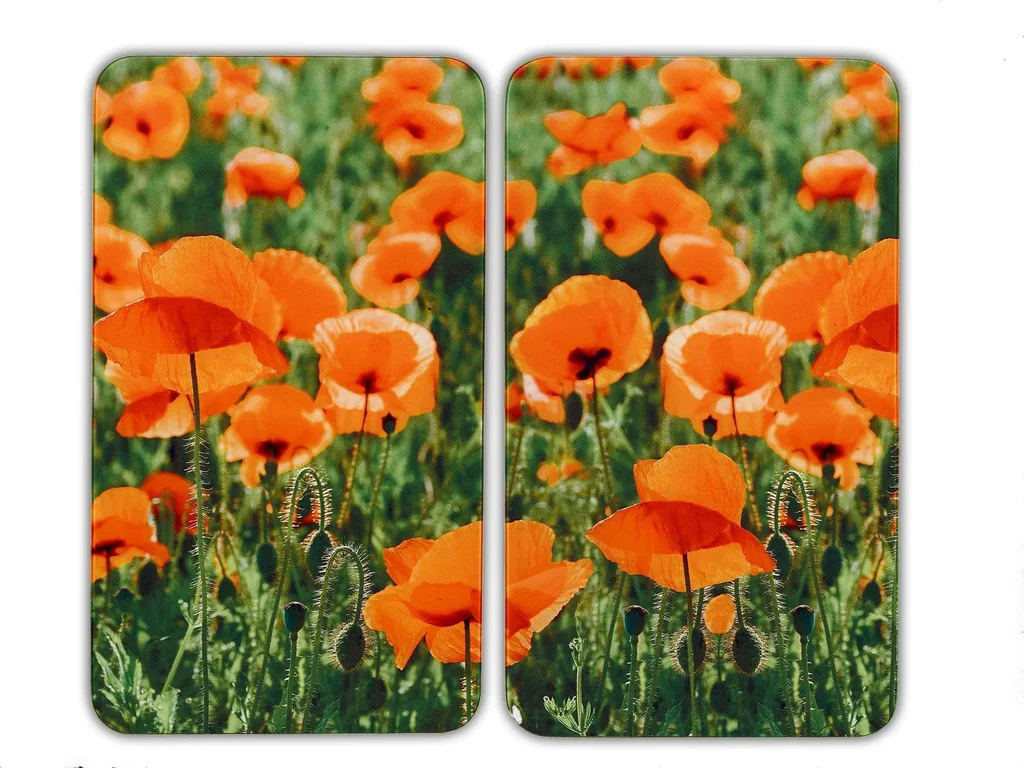 3 in 1 Herd-Abdeckplatten, Schneidbretter, Arbeitsplatten, Glas, Mohnblumen-Design, je 52 x 30 cm, 2er-Set
