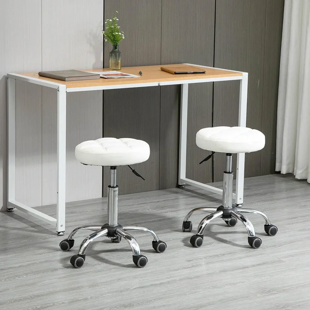 2er-Set Rollhocker Drehhocker mit Rädern Arbeitshocker höhenverstellbar drehbar Salon Hocker Salonstühle Kunstleder Weiß