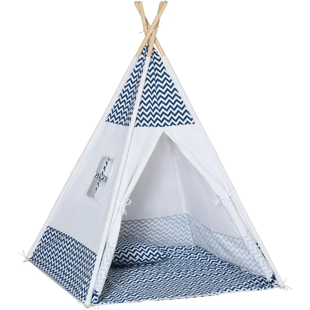 Tipi-Zelt für Kinder - inkl. Bodenmatte und Kissen - Blau/Weiß - 120 x 120 x 155 cm