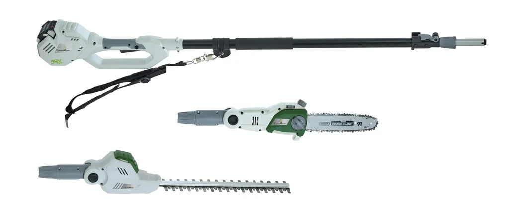 Akku Teleskop 3 in 1 Gartenset - bestehend aus Heckenscheren-Kettensägenaufsatz mit Akku und Ladegerät