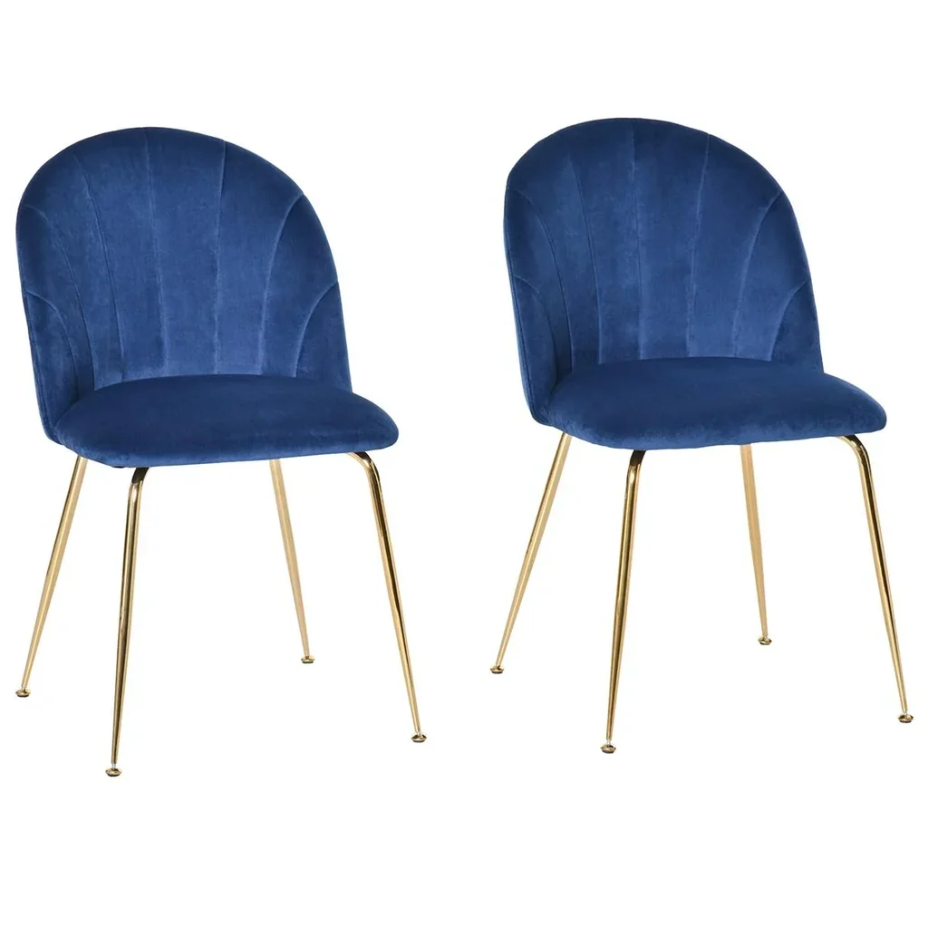 2er-Set Küchenstühle Esszimmerstühle mit Rückenlehne Polyester-Gewebe Metallbeine Blau+Gold 52 x 52 x 81 cm Küchenstuhl