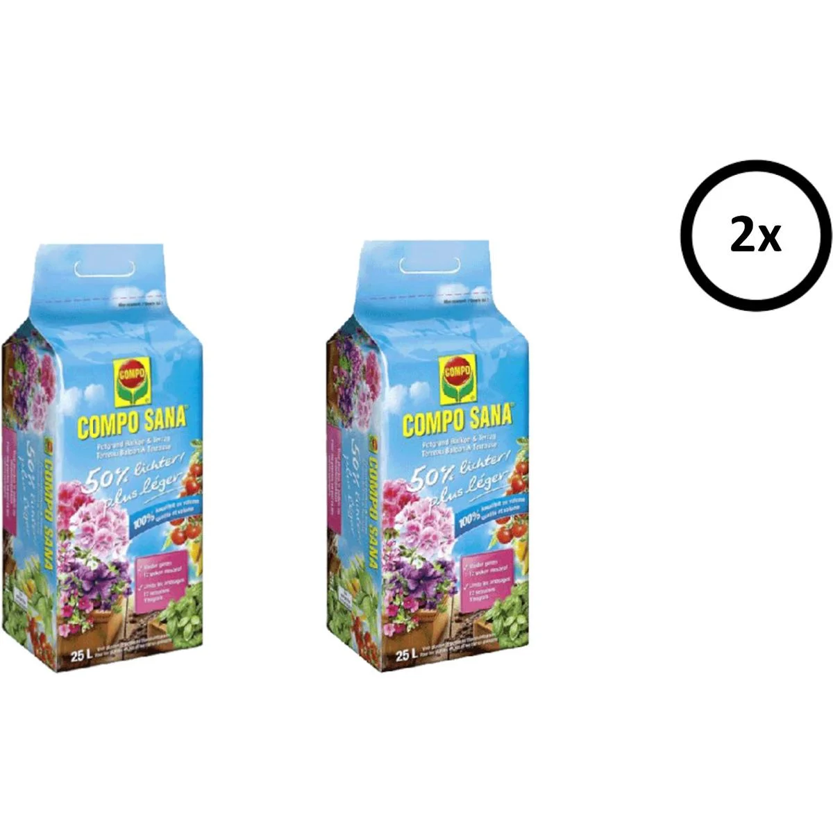 Sana Blumenerde - 25L - für Balkon und Terrasse - 50% heller - 2 Stück