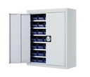 Flügeltürenschrank MKST 4/08 A, lichtgrau mit 42 x blauen Magazinkästen