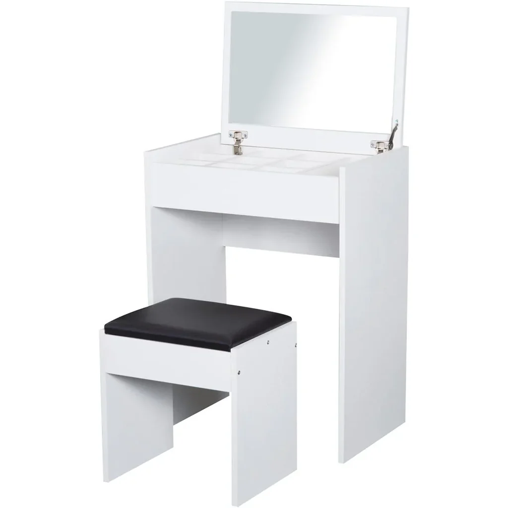 Kosmetiktisch mit Klappspiegel und Hocker weiß/schwarz