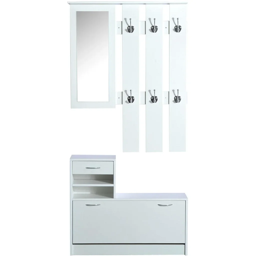 Garderoben Set 2 tlg Schuhschrank Spiegel 3 in 1 Weiß