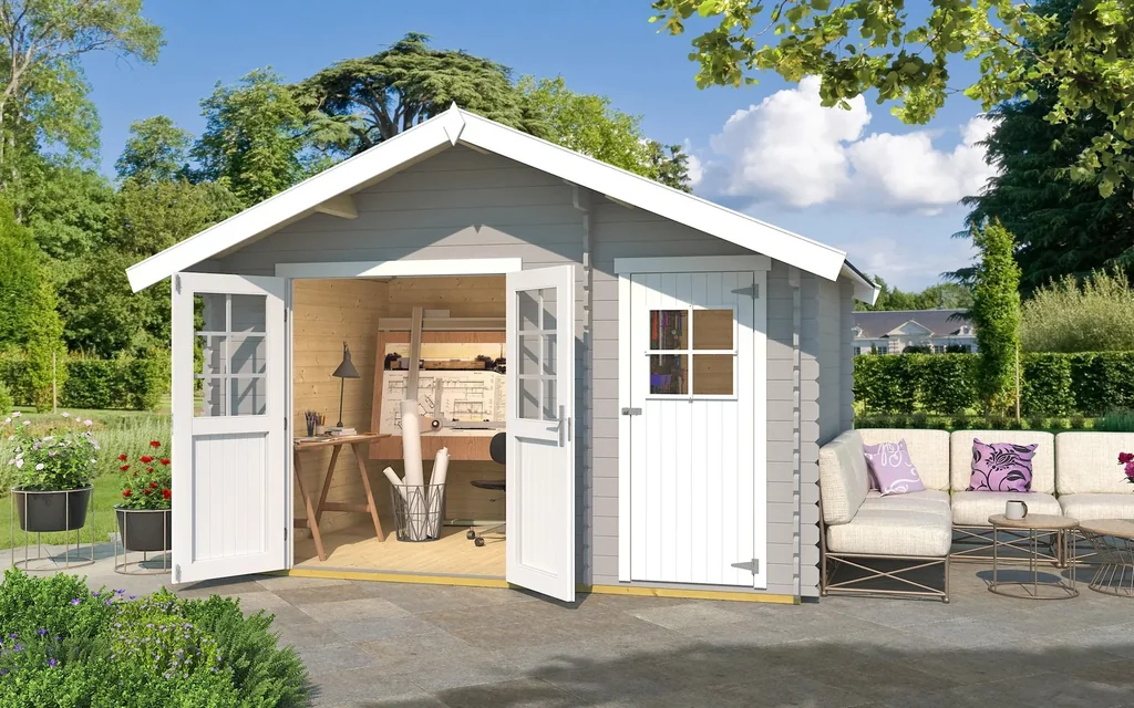 Gartenhaus 253 Gr.2, 420 x 310 x 270 cm hellgrau, 28 mm, Doppeltür, mit 2. Raum Einzeltür