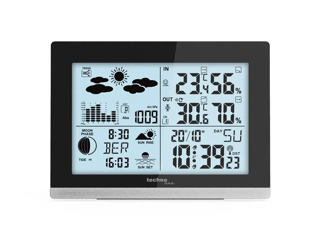 WS6762 Funk-Wetterstation mit Außensensor – DCF Funkuhr, Innen- & Außentemperatur, Luftfeuchtigkeit, Wettertrend, Mondphase, großes LCD Display, Wecker mit Datum & Uhrzeit