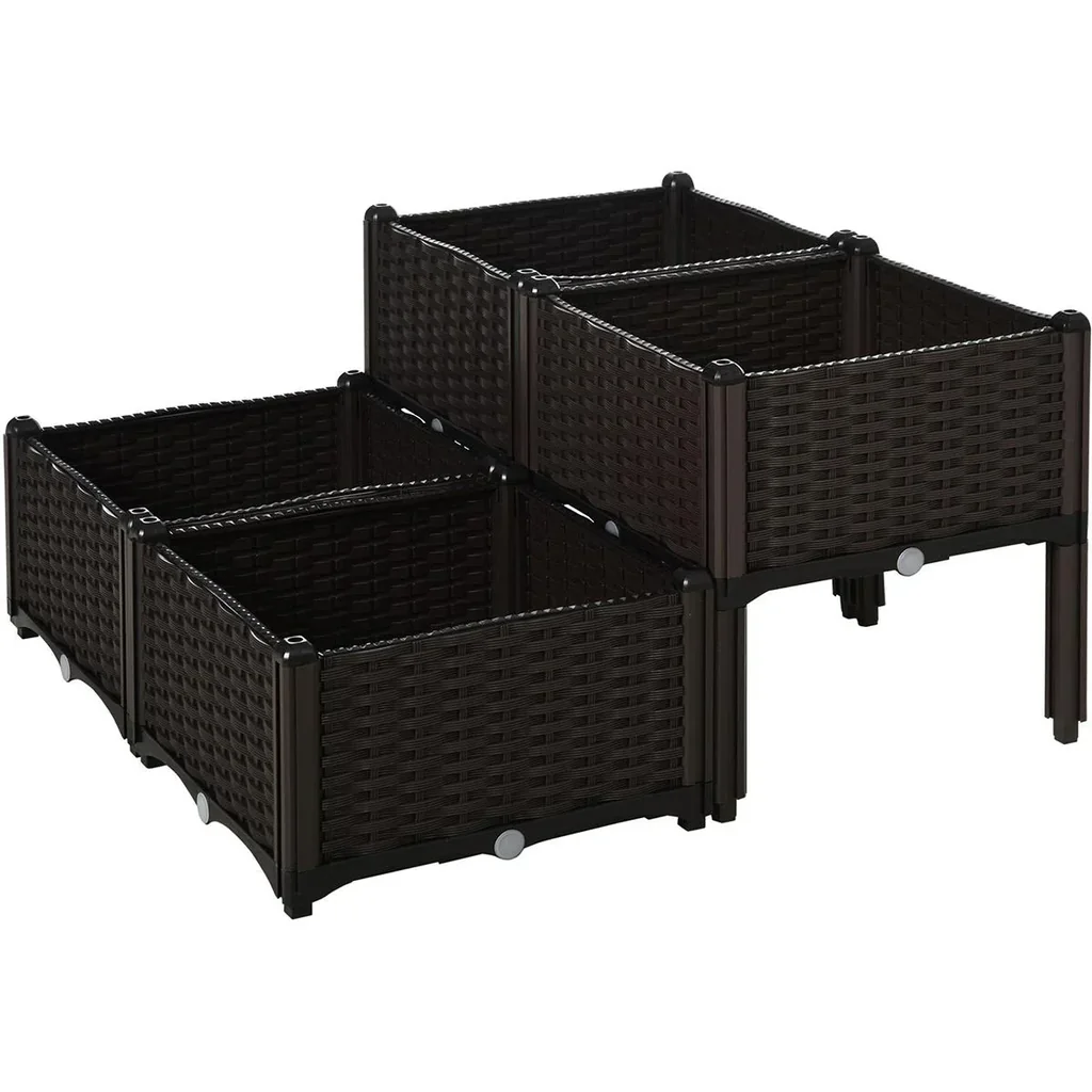 4-teiliges Hochbeet in Rattan-Optik dunkelbraun