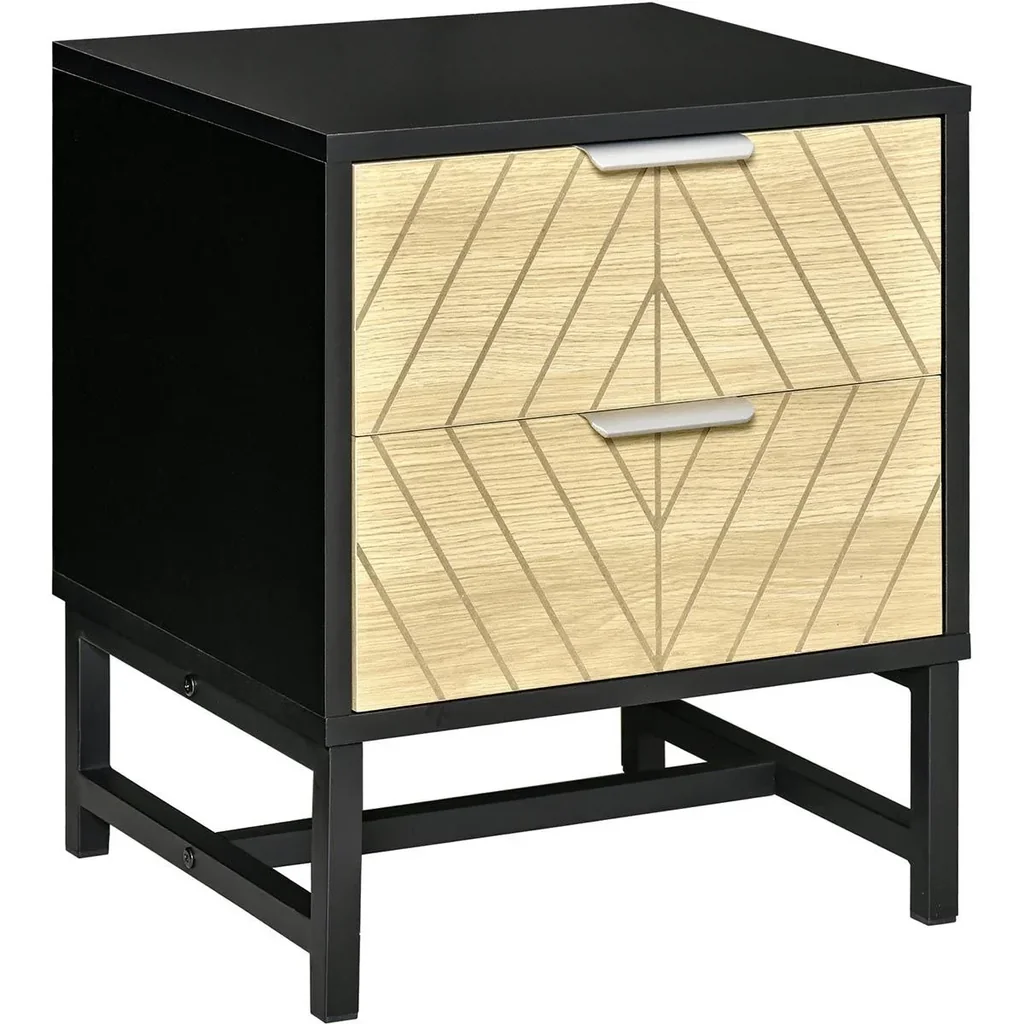 Nachttisch Nachtkommode mit 2 Schubladen Beistelltisch Nachtschrank Sofatisch Schwarz+Natur 40 x 36 x 48,5 cm