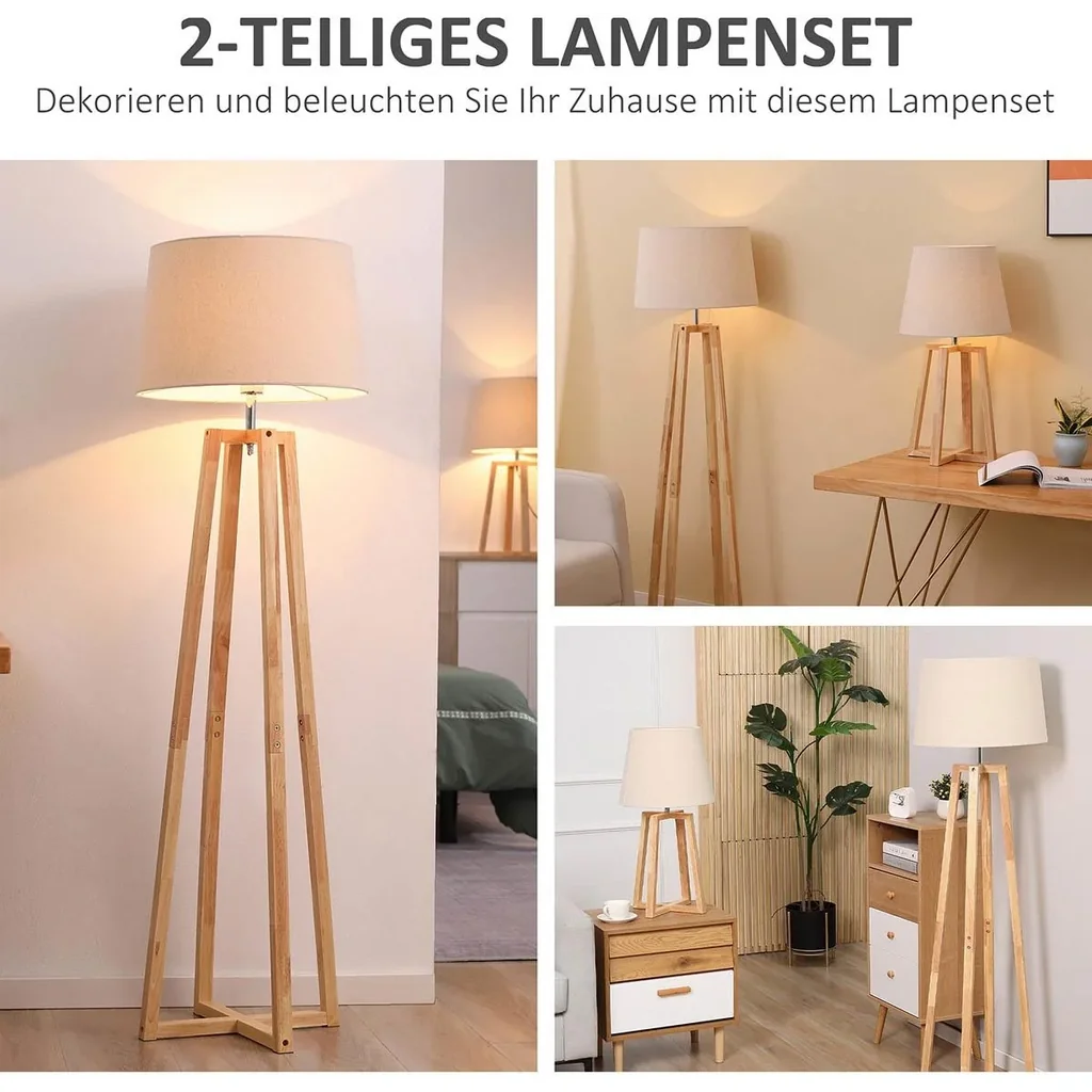 Stehlampe mit 1 Tischlampe 2er-Set Nachttischlampe 149 cm/68 cm Höhe Stehleuchte für Wohnzimmer Schlafzimmer Skandi-Desi