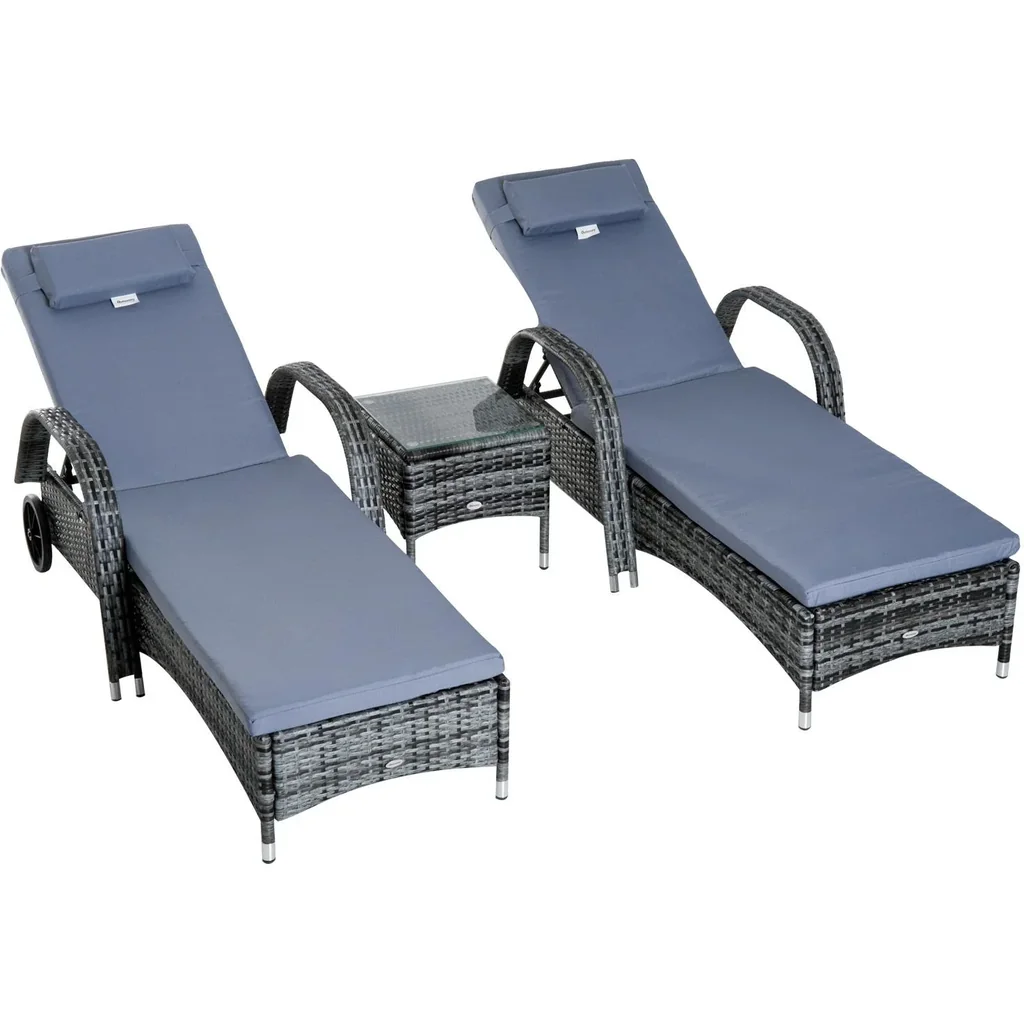 Sonnenliege Gartenliege Tisch 3er-Set Gartenmöbel Polyrattan + Metall Grau höhenverstellbar