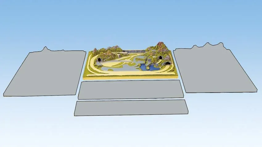 Fertiggelände Cortina - 100 x 69 cm, ca. 21 cm hoch, Spur Z, koloriert und begrast, auf Holzrahmen