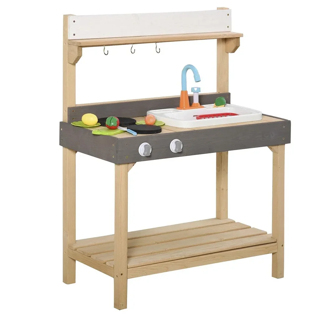 Matschküche mit Wasserhahn Kinderküche mit Zubehör 14-Teilige Spielküche Spielzeugküche Holz Kunststoff Natur+Grau+Weiß