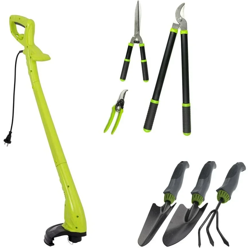 Komplettes Gartenset 7-teilig mit Rasentrimmer, Heckenschere und kleinen Gartengeräten