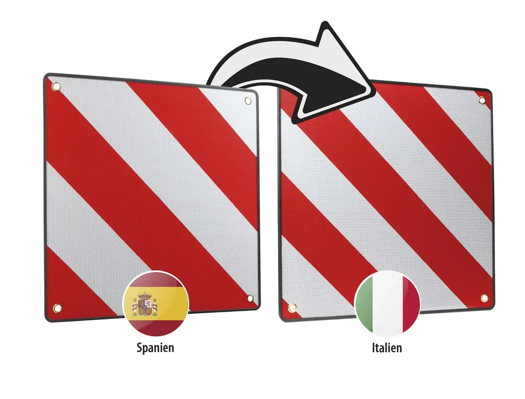 Warntafel für Fahrradträger, 2 in 1, für Spanien & Italien, cas. 50 x 50 cm