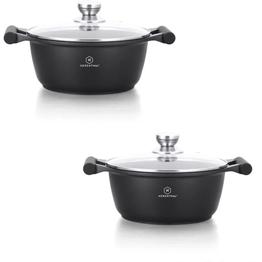 Herenthal 2-tlg. Kochgeschirr-Set - Schmorpfanne - 28cm, 30cm - Marmorbeschichtung - mit Glasdeckel