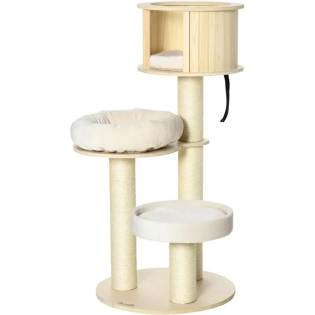Dreistufiger Kratzbaum - Haus und Kissen - 59,5 x 59,5 x 122 cm