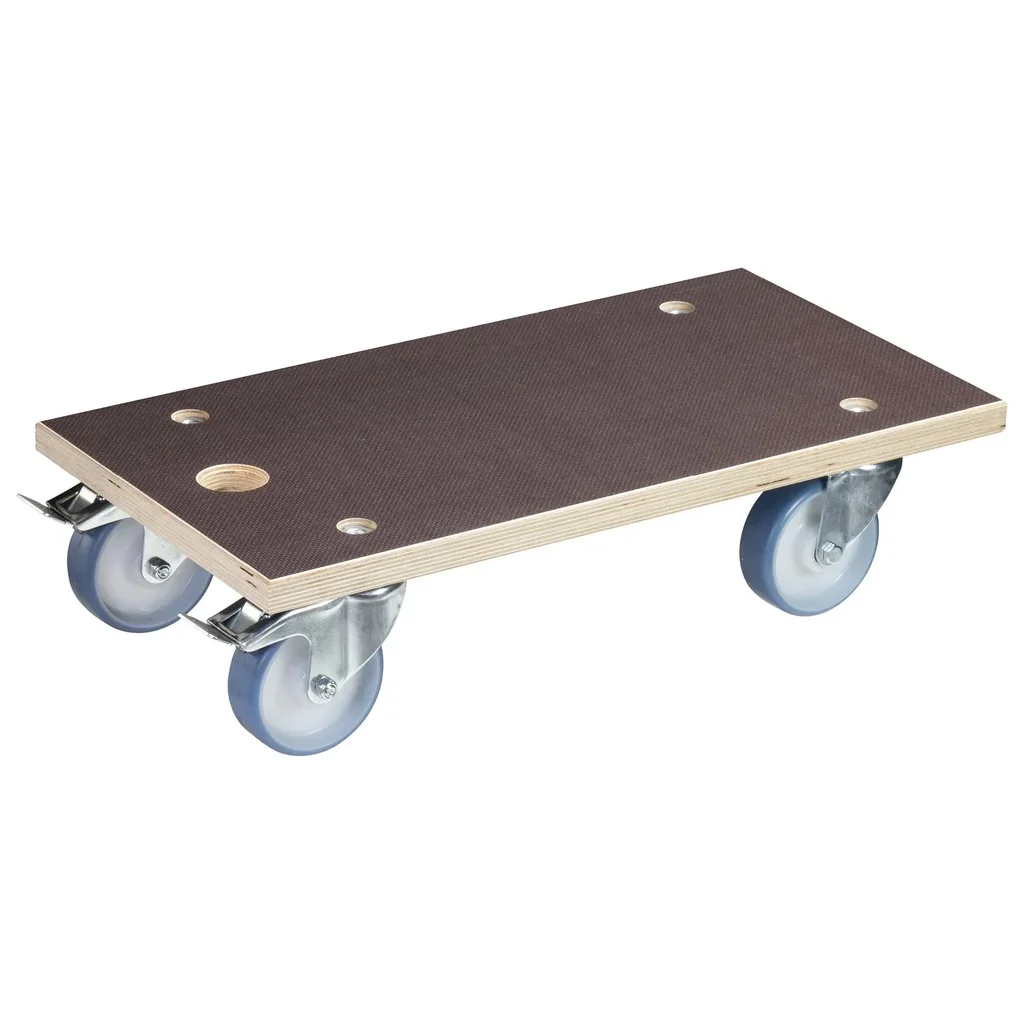 Transporthilfe MM 1341, 57,5 x 30 x 15 cm, harte Rollen Ø 100 mm, Rollenlager, 2 Bremsen, Platte FSC®, Tragkraft 500 kg