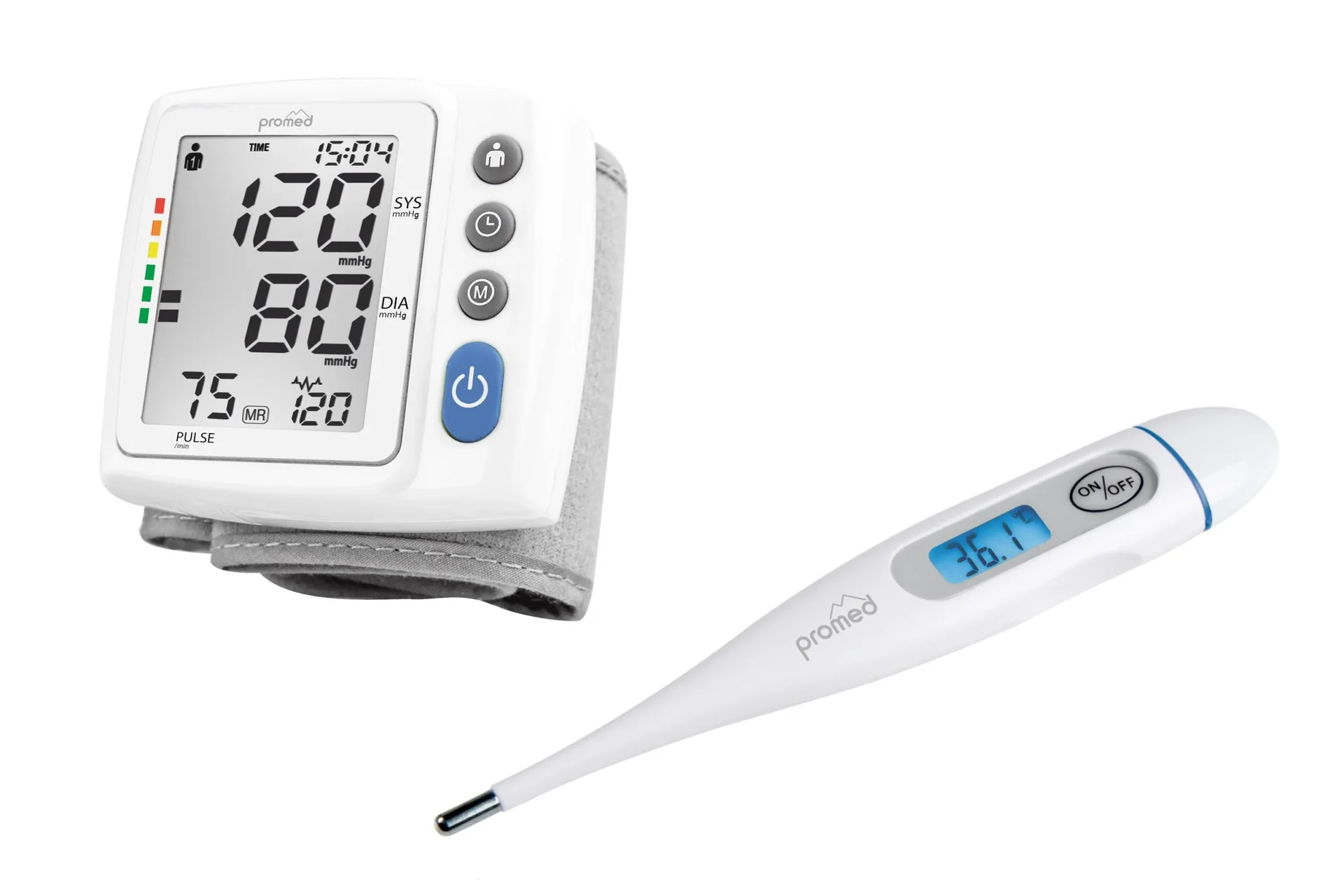 2 in 1 Set: Handgelenk-Blutdruckmessgerät „HGP-30“, Weiß/ Grau + Digitales Fieberthermometer „PFT-3,7“