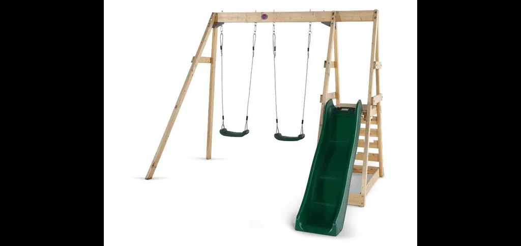 Holz Klettergerüst Tamarin, Outdoor-Klettergerüst für Kinder, Doppelschaukel, Leiter, Rutsche, natur