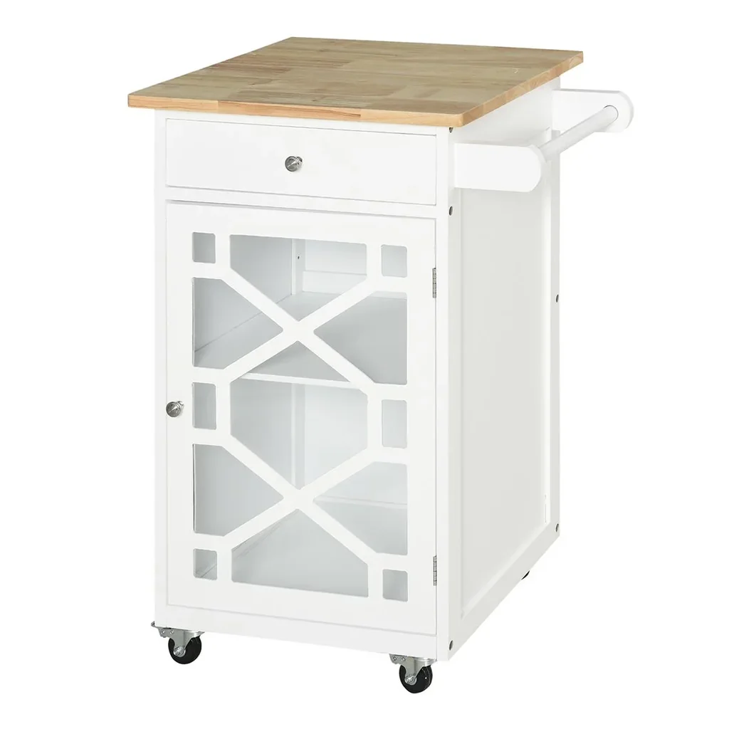 Küchenwagen Rollwagen Servierwagen mit 1 Schublade Schrank für Küchen Gummiholz Kiefernholz MDF Natur+Weiß 63 x 45 x 86 