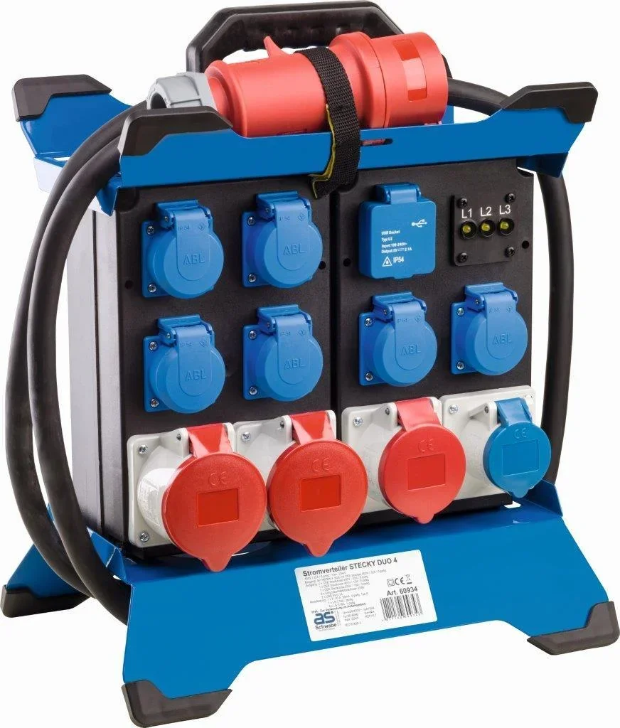 Stromverteiler Stecky DUO 4, 6x Schutzkontakt, 1x CEE400V16A 2xCEE400V32A, 1xCEE 230V3polig, 2x USB, Phasenanzeige, FI40A, 3,4m
