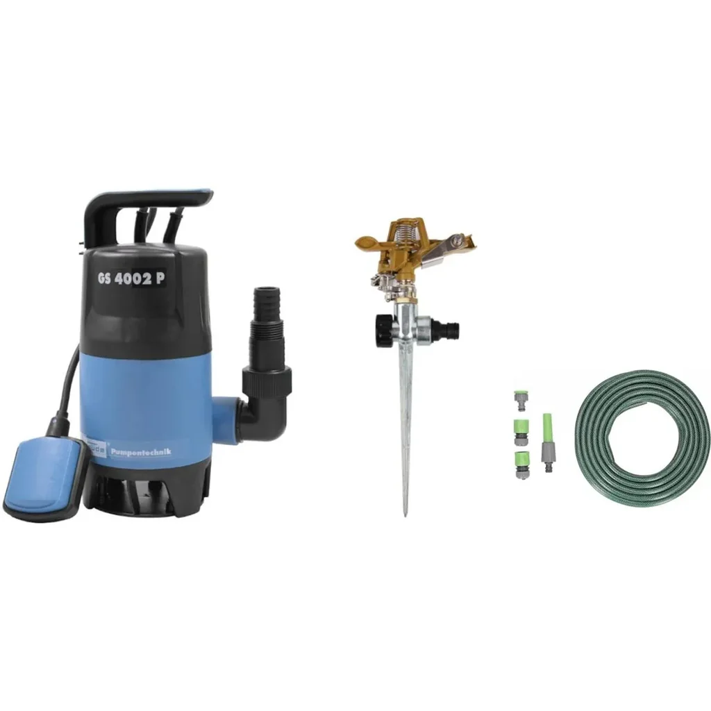 Schmutzwasserpumpe 7500 l / h mit Deuba Rasensprenger und 15 Meter Schlauch mit Armaturen