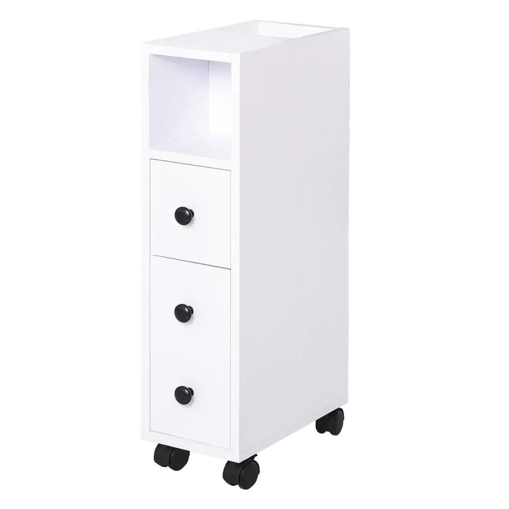 Badschrank Badezimmerschrank Badregal Kommode Standschrank zwei Schubfächer offenes Fach vier Räder Spanplatte Weiß 18x3