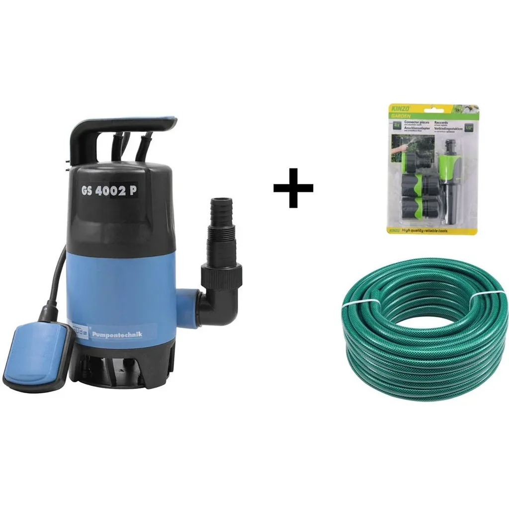 Tauchpumpenset inklusive 10 Meter Gartenschlauch mit Gartensprinkler und Anschlüssen