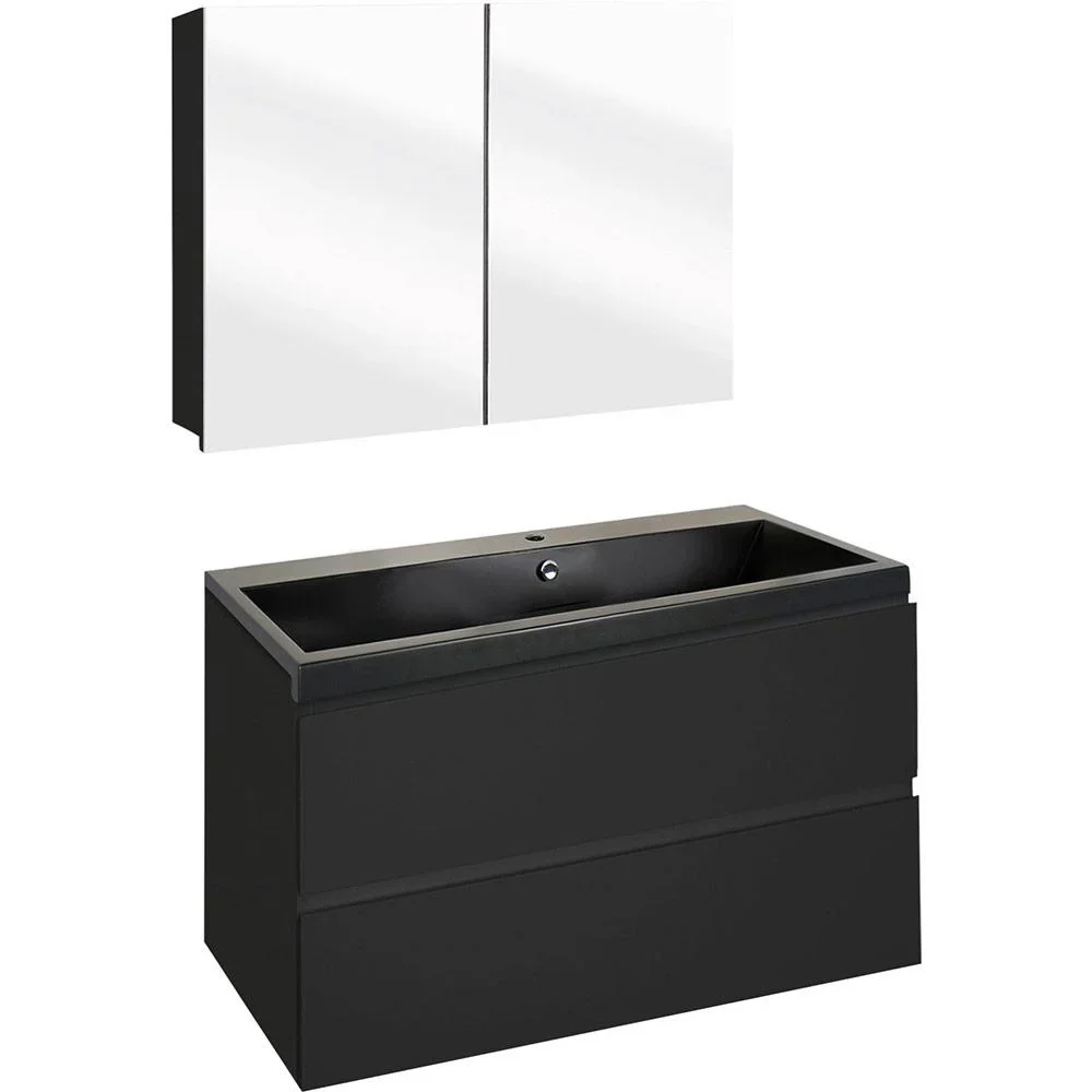 Concept Badezimmermöbel met Spiegelschrank 80cm -schwartz/schwartz