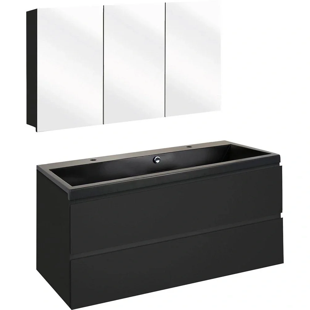 Concept Badezimmermöbel met Spiegelschrank 100cm - schwartz/schwartz