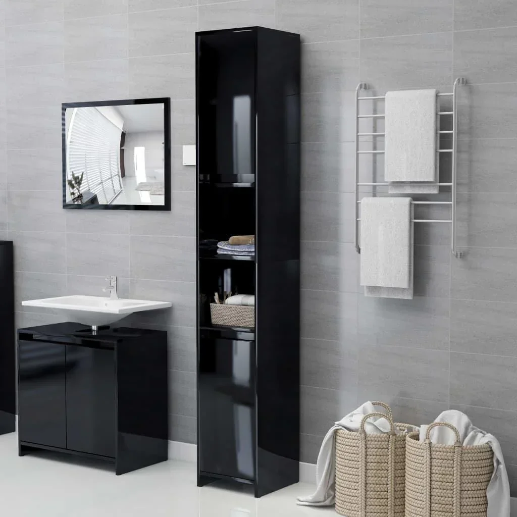 Badschrank 30x30x183,5 cm Spanplatte Hochglanz schwarz