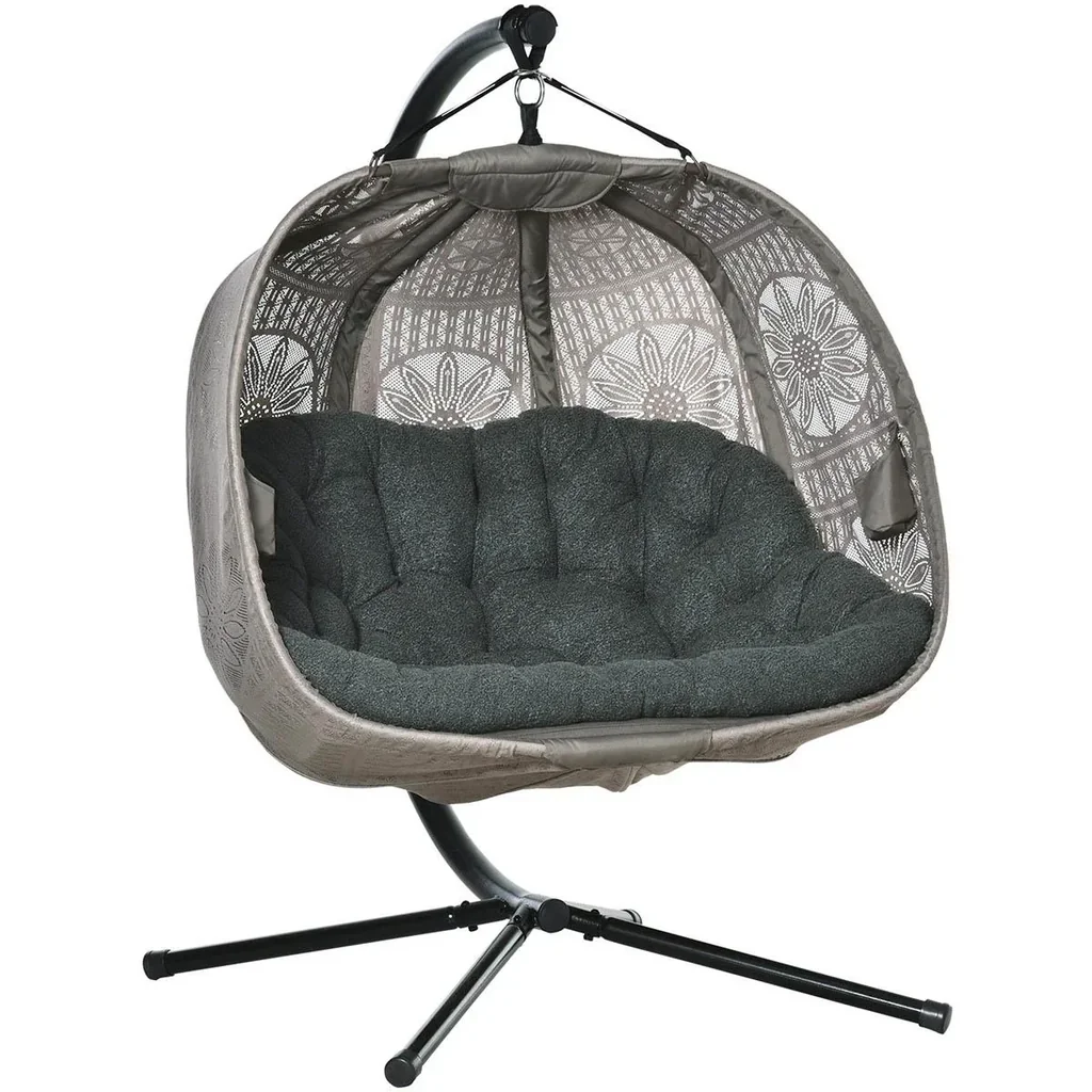 Hängesessel Hängekorb mit Gestell für 2 Personen Hängeschaukel Hängestuhl mit Kissen Korb faltbar Blumen-Strickstoff Sta