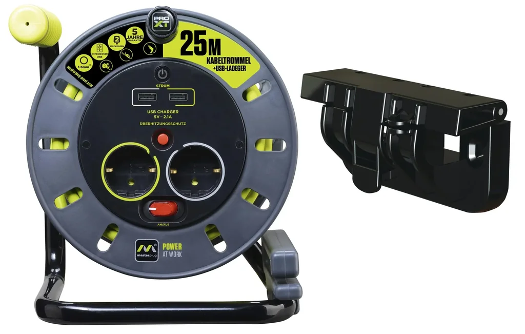 Kabeltrommel 25 Meter mit 2 Steckdosen und 2 USB Ports + GRATIS dazu Wandhalterung