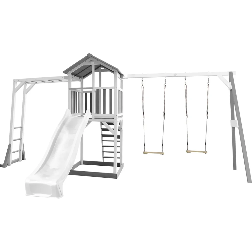 Beach Tower Spielturm mit Klettergerüst und Doppelschaukel - Weiße Rutsche