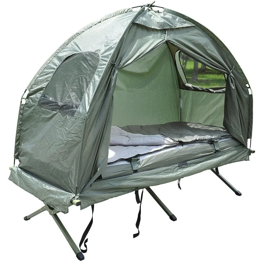 Campingbett Set mit ZeLT SChlafsack Matratze 4 in 1 faltbar Dunkelgrün