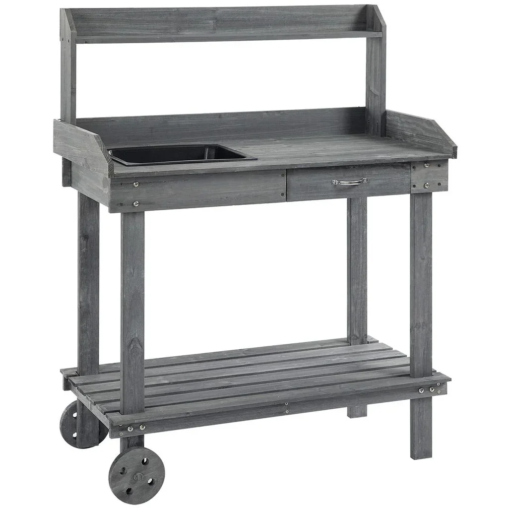 Pflanztisch mit Schublade 2 Stufen Gärtnertisch mit waschbecken und Rollen Garten Tannenholz Grau 92 x 45 x 119 cm