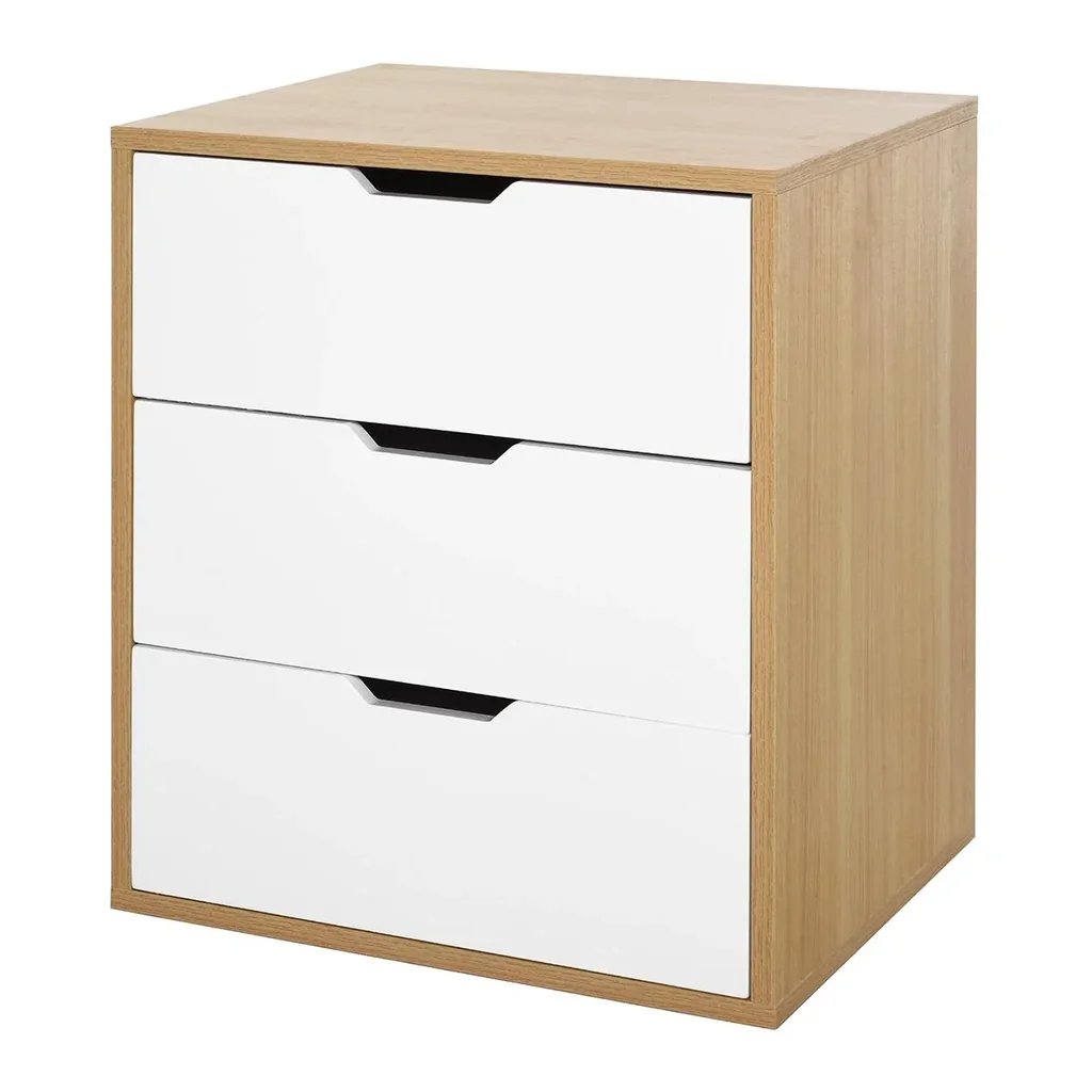 Bürocontainer mit 3 Schubladen, Aktenschrank, Büroschrank, Aufbewahrung von Akten, E1 Spanplatte, Weiß+Natur, 55 x 45 x