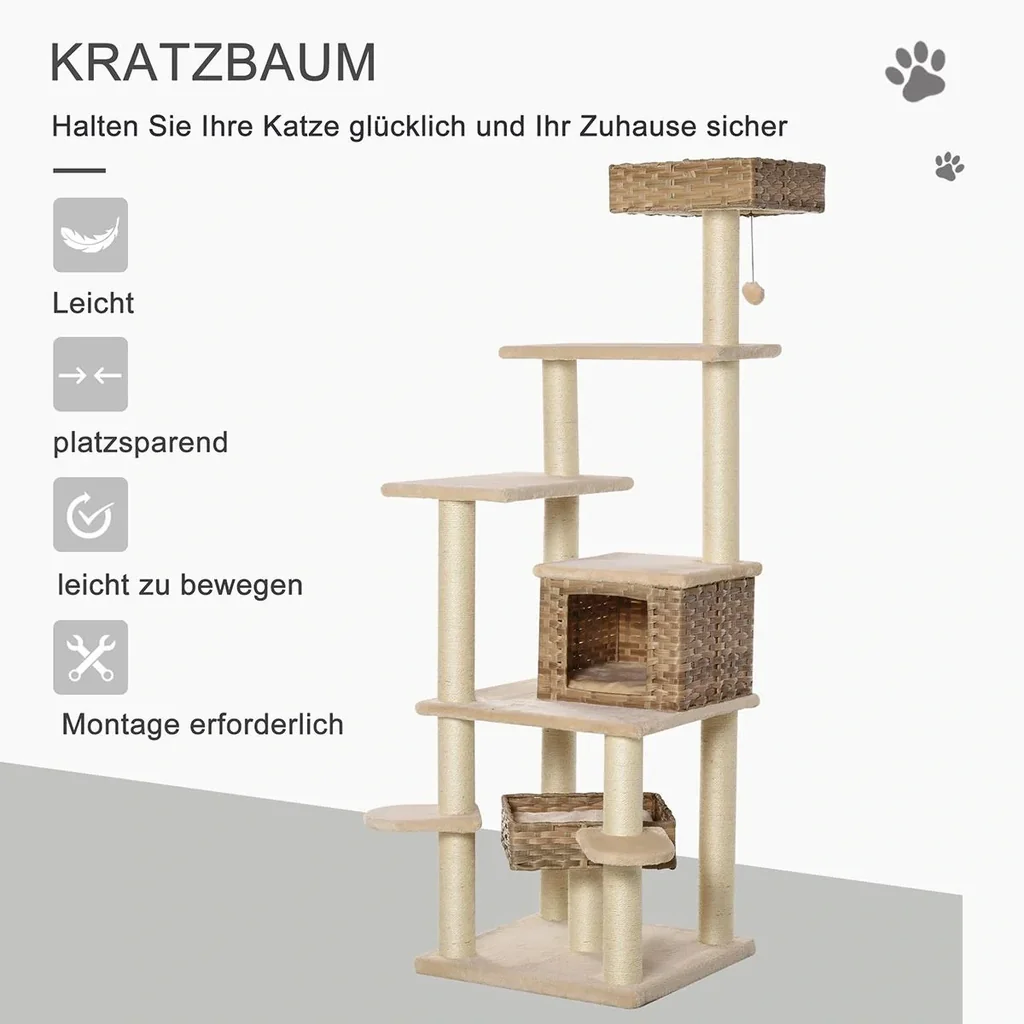 Rattan Kratzbaum mit Katzenhöhle Hängematte Mehrstufiger Katzenbaum Kletterbaum für Katzen E1 MDF Sisal Beige+Braun 55