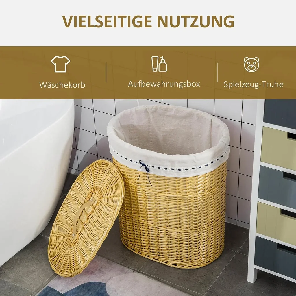 Wäschekorb aus Weide Weidenrute Wäschebox Wäschesammler geflochten mit Deckel Natur 100L 51 x 38 x 57 cm