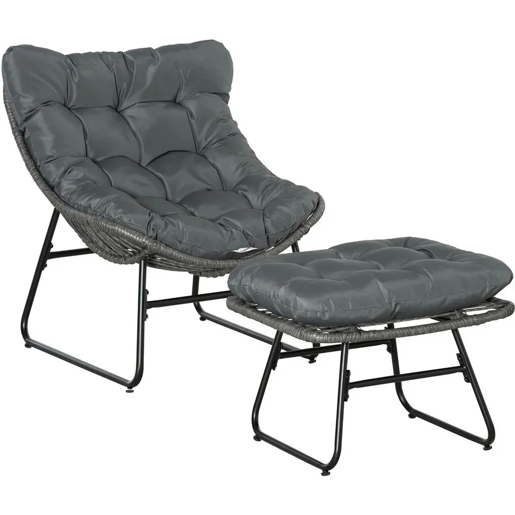 Rattan Relax Stuhl mit Hocker und Kissen Stahl Polyester Grau 69 x 76 x 70 cm